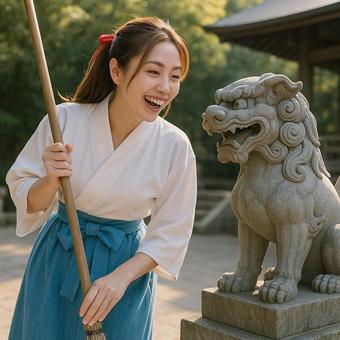 狛犬と巫女の写真