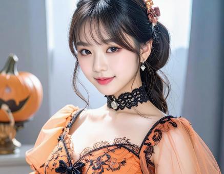 ハロウィンの仮装 女性 オレンジ色ドレス ハロウィンの仮装 女性 オレンジ色ドレスの写真