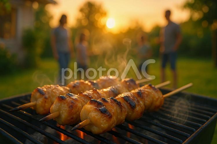 家族団らんと炭火焼き鳥が彩る夏の夕暮れ 焼き鳥,炭火,バーベキューの写真素材