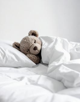 布団で眠るクマのぬいぐるみ 布団で眠るクマのぬいぐるみの写真
