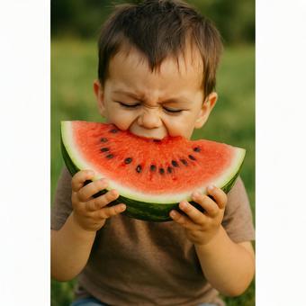 スイカにかぶりつく子供 スイカにかぶりつく子供の写真