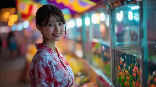 夜祭の金魚と笑顔の女性 夜祭の金魚と笑顔の女性の写真