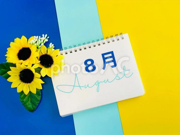 8月・augustの文字と向日葵 8月,向日葵,augustの写真素材