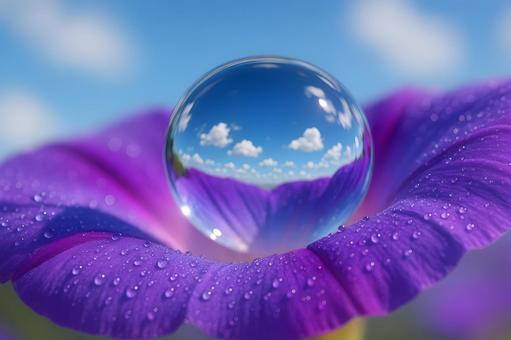 雲映す朝顔の雫の写真