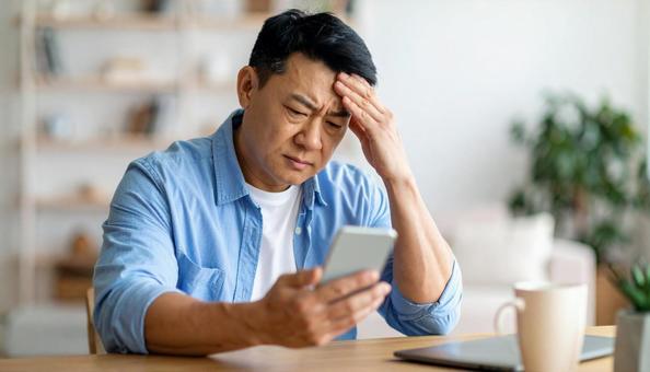 スマホを見て困惑する中年の日本人男性 スマホを見て困惑する中年の日本人男性の写真