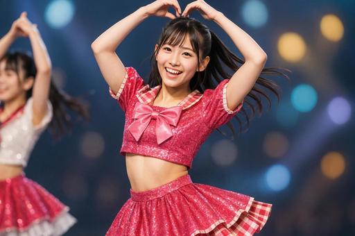 ピンクの衣装でステージで踊る女性アイドルの写真