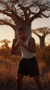 屋外でトレーニングに励む屈強なボクサー 屋外でトレーニングに励む屈強なボクサーの写真