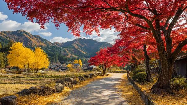 赤と黄色の紅葉のトンネルの道 赤と黄色の紅葉のトンネルの道の写真