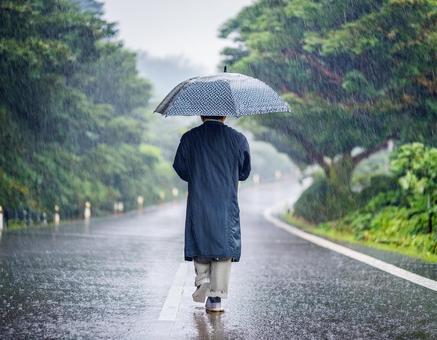 雨の日に傘をさして道路を歩く男性 雨の日に傘をさして道路を歩く男性の写真