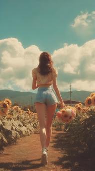 ひまわり畑を歩く夏の少女 ひまわり畑を歩く夏の少女の写真