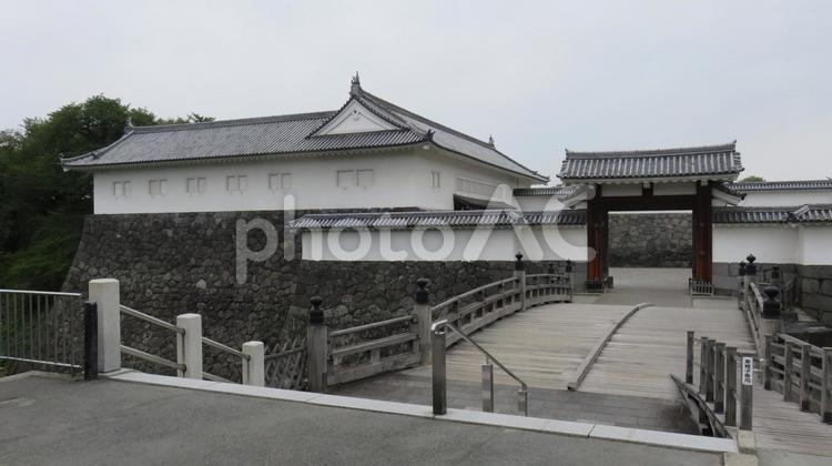 山形城　東大手門と大手橋 山形城,霞城,霞ヶ城の写真素材