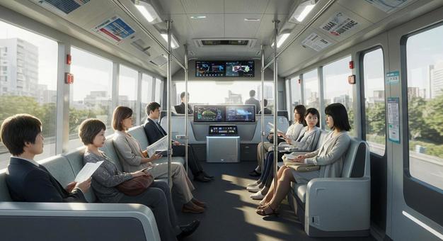 AI全自動運転バスでくつろぐ乗客の写真