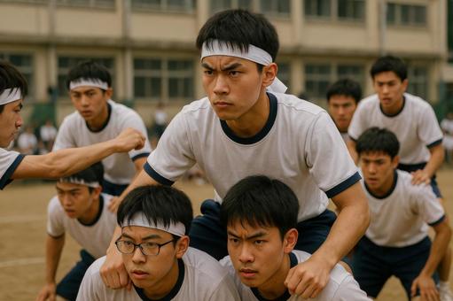 騎馬戦で真剣な表情の男子高校生 騎馬戦で真剣な表情の男子高校生の写真
