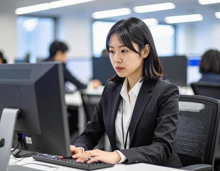 パソコンを見る女性 パソコンを見る女性の写真