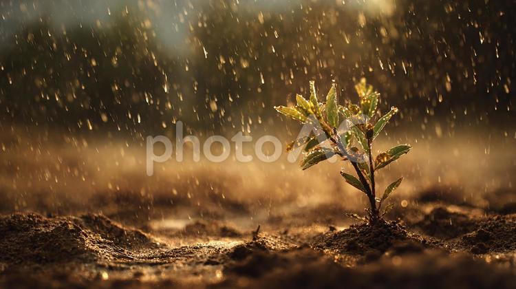 光の中で輝く若木と雨粒 苗木,植物,雨の写真素材