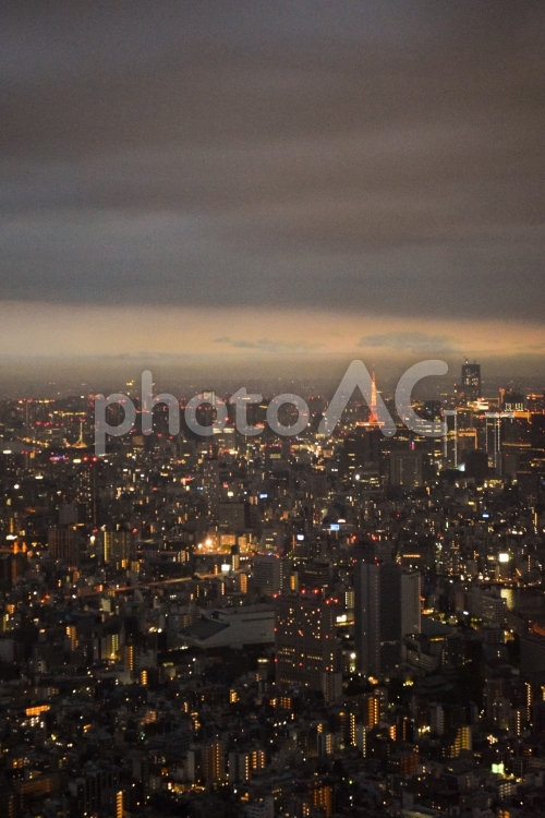夕陽が沈んだ後まだ少し明るい東京の夜景 幻想的,東京,電波塔の写真素材