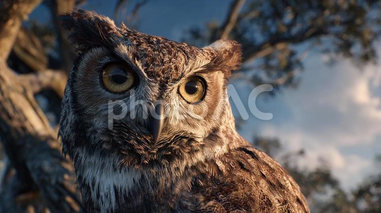 木にとまる荘厳なミミズク フクロウ,ミミズク,鳥の写真素材
