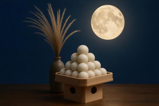 白木の台座に飾られた十五夜団子の写真