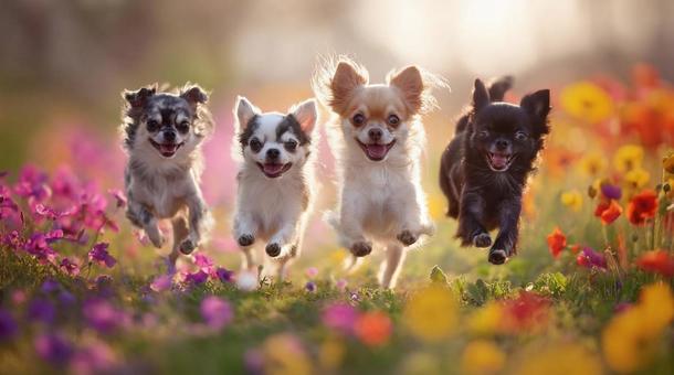花畑を走るチワワたち・小型犬・多頭飼いの写真