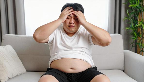 肥満で疲れやすく、額に手をやる男性 肥満で疲れやすく、額に手をやる男性の写真