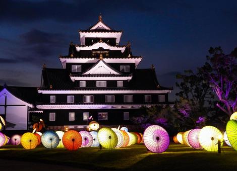 Illuminated Okayama Castle tower, JPG