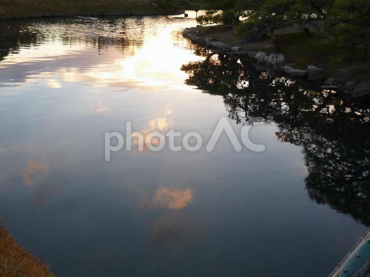 夕暮れの後楽園 川,後楽園,夕暮れの写真素材