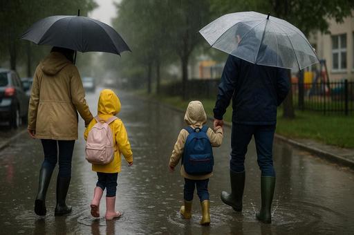 雨の日の親子散歩 雨の日の親子散歩の写真