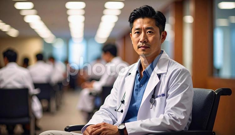 椅子に座る男性医師 医師,病院,待合室の写真素材