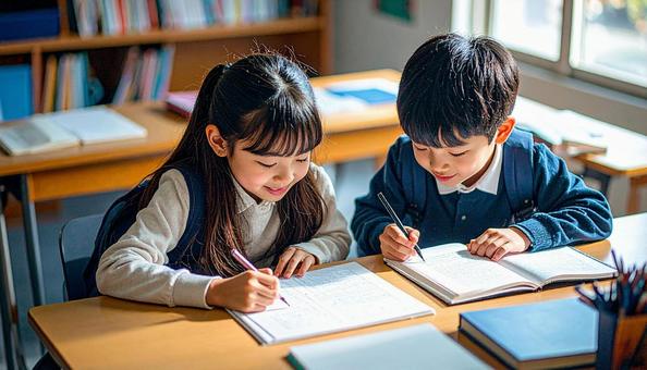 学校の教室で勉強している小学生2人 学校の教室で勉強している小学生2人の写真