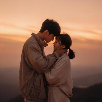 夕焼けに包まれる愛の抱擁の写真