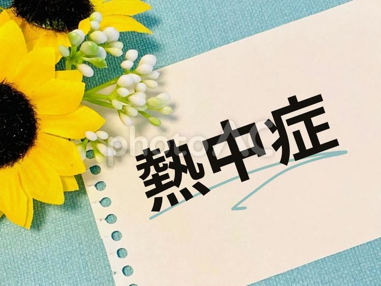 熱中症の文字とひまわり 熱中症,ひまわり,熱射病の写真素材