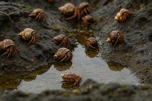 黒っぽい岩場と潮だまりに集うヤドカリ 黒っぽい岩場と潮だまりに集うヤドカリの写真