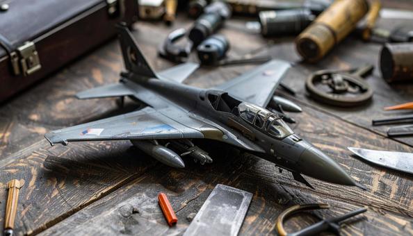 木のテーブルの上の古い戦闘機のプラモデル 木のテーブルの上の古い戦闘機のプラモデルの写真