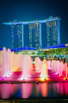 シンガポール夜景と光の演出 夜景,噴水,光の写真素材