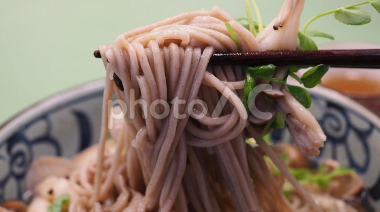 自家製の肉蕎麦・豆苗入り（食べるシーン） 自家製,肉,蕎麦の写真素材