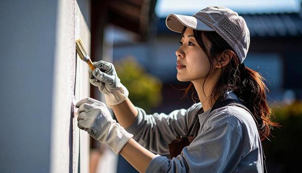 DIYで外壁塗装する女性 DIYで外壁塗装する女性の写真