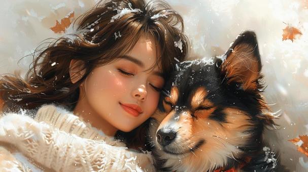 寄り添う女性と犬 寄り添う女性と犬の写真