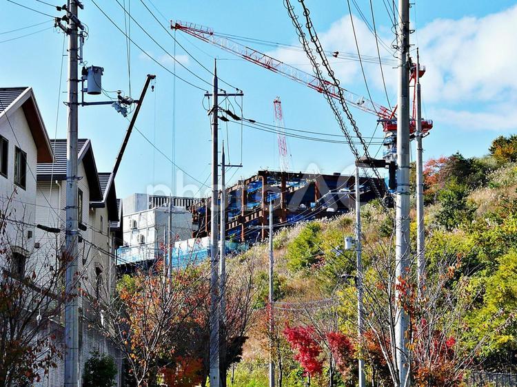 彩都の街並みと川合裏川上流付近の山林 彩都,ニュータウン,街並みの写真素材