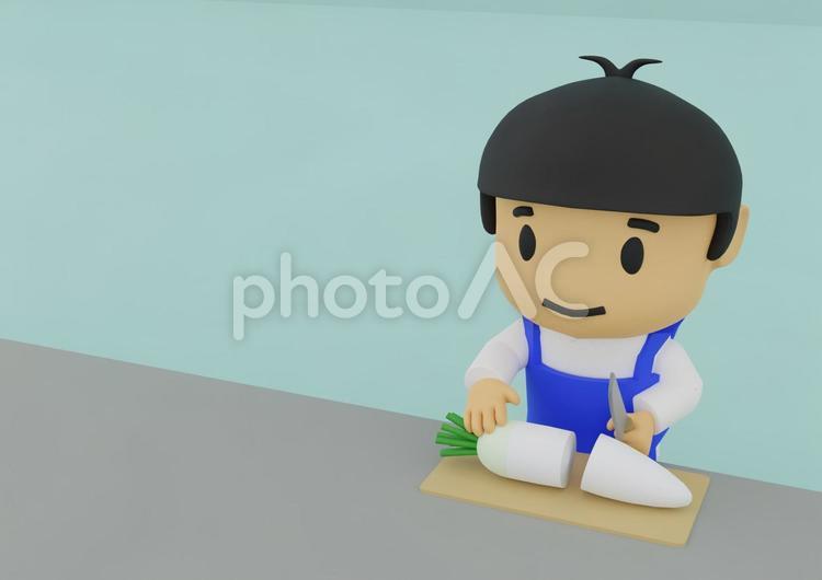 大根を切り料理するエプロンの男性 様子,手料理,家庭料理の写真素材