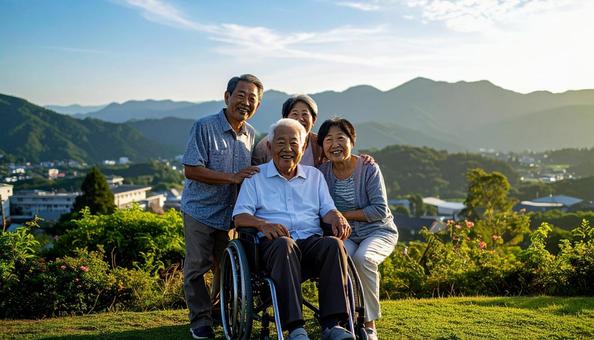 介護施設のシニア男性と見舞いに来た家族 介護施設のシニア男性と見舞いに来た家族の写真