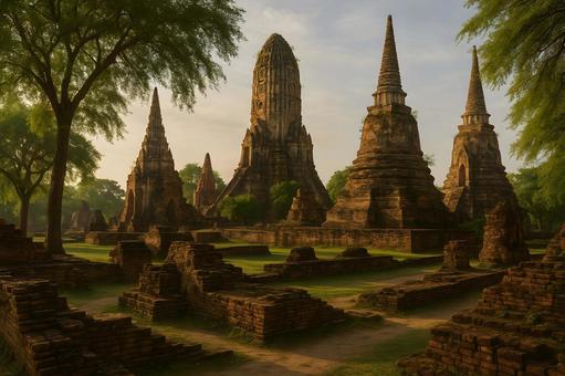 黎明のアユタヤ遺跡の写真