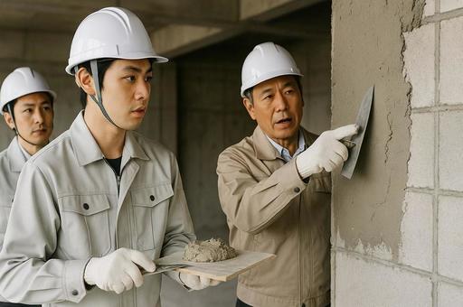 左官研修で技術指導を受ける作業員・建設業 左官研修で技術指導を受ける作業員・建設業の写真