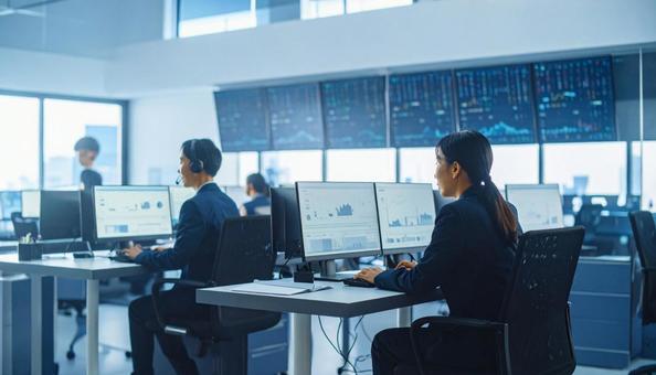 トレーディングルームで働く会社員 トレーディングルームで働く会社員の写真