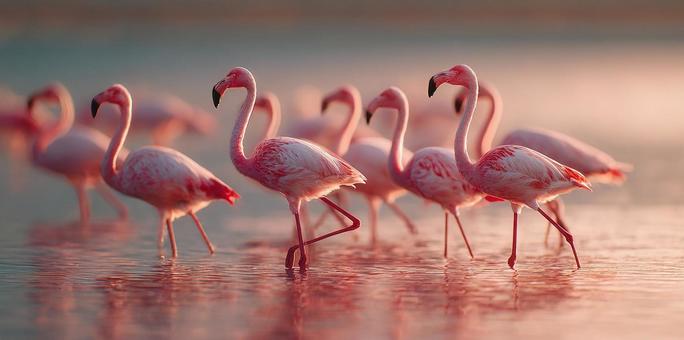 夕焼けに染まる湖畔のフラミンゴたち 夕焼けに染まる湖畔のフラミンゴたちの写真