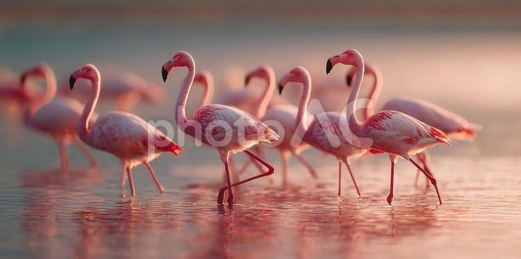 夕焼けに染まる湖畔のフラミンゴたち フラミンゴ,鳥,動物の写真素材