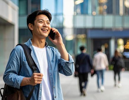 街中で電話をかける男性 街中で電話をかける男性の写真