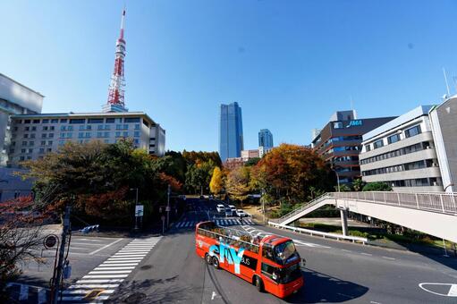 観光バス２ 観光バス,２階建てバス,東京タワーの写真素材