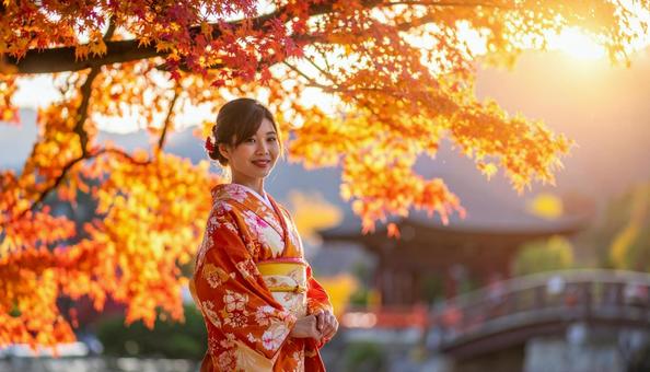秋の庭園　美しい着物姿の日本人女性の写真