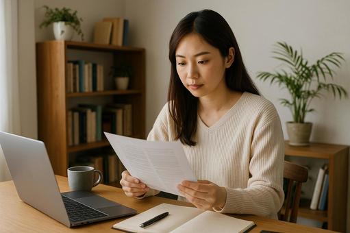 自室で資料読む女性の写真