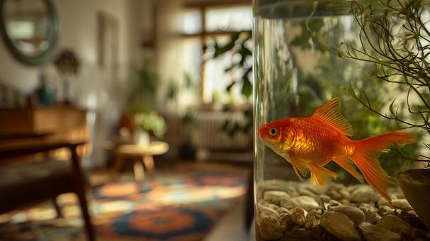 金魚鉢の中を泳ぐ赤い金魚 金魚鉢の中を泳ぐ赤い金魚の写真